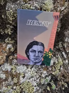 Ejemplar de Besay en tapa dura apoyado en una roca cubierta de líquenes verdes y blancos.